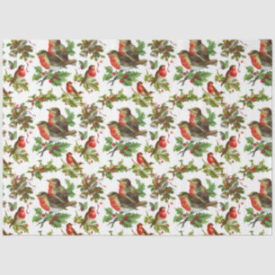 Papier Mousseline Vintage Robin Bird Holly Berries hiver