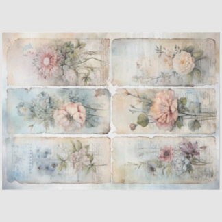 Papier Mousseline Vintage Shabby chic pastel bleu et rose fleurs