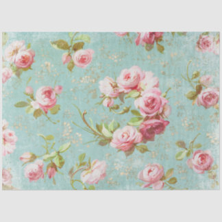 Papier Mousseline Vintage Shabby Turquoise et rose Roses Découpage