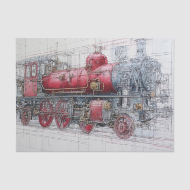 Papier Mousseline Vintage Steam Train Blueprint (Recto)