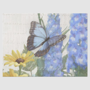 Papier Mousseline Vintage Sunflower Bleu Floral Butterfly Script