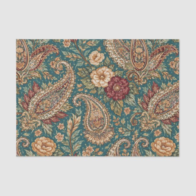 Papier Mousseline Vintage Teal Heirloom Paisley Garden (Recto)