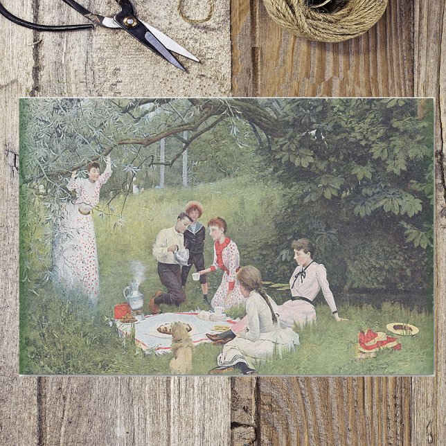 Papier Mousseline Vintage Victorian Family Picnic Woods (Old time picnic in woods Victorian era family with dog on tissue paper.)