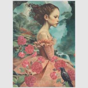 Papier Mousseline Vintage Victorian Girl Raven & Red Cabbage Roses