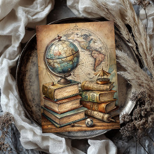 Papier Mousseline Vintage Watercolor globe vieux livres carte du mon