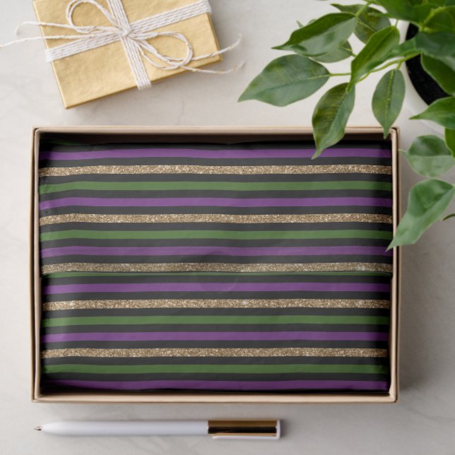 Papier Mousseline Violet, Vert, Noir, Faux Gold Stripes Mardi Gras (Cadeau)