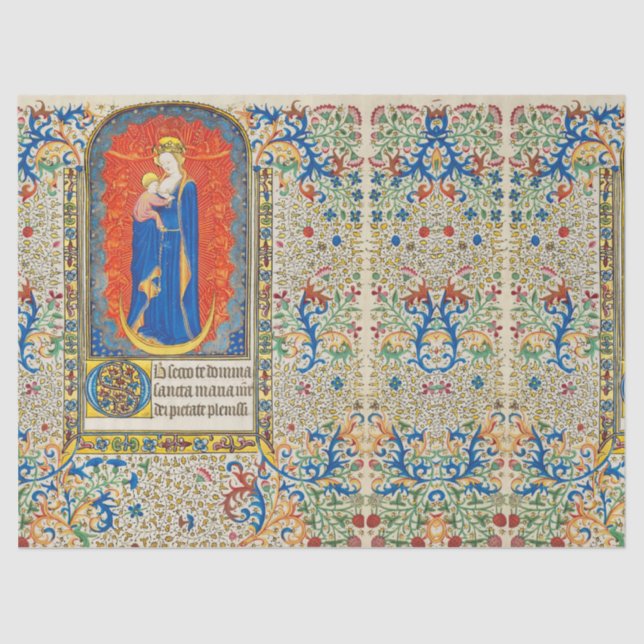 Papier Mousseline VIRGIN AVEC ENFANT ET ANGELS Antique Fleurs (Recto)