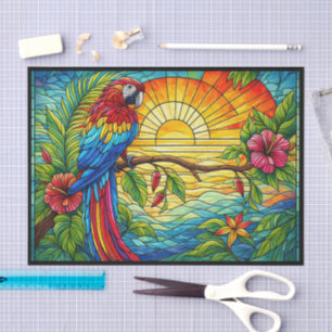 Papier Mousseline Vitraux de perroquet macao rouge, bleu et or tropi