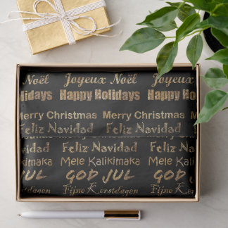 Papier Mousseline Vœux de Noël en paillettes dorées multilingues 