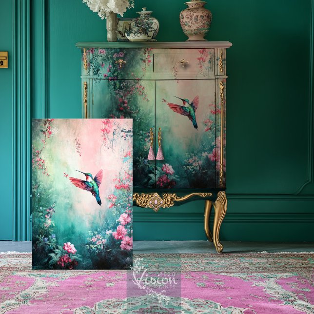 Papier Mousseline Vol du colibri, Ethereal Floral (Flight of the Hummingbird Ethereal Floral Garden Teal & Pink Decoupage Tissue Paper)