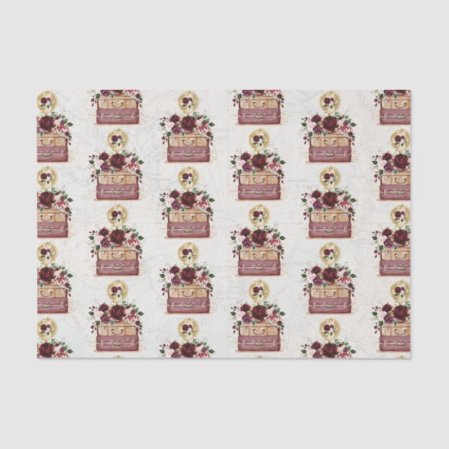 Papier Mousseline Voyage Vintage Fleurs Burgundy Blush Découpage (Recto)
