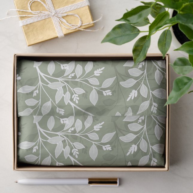 Papier Mousseline Wandering Leaves Elegant Sage Botanical Pattern  (Cadeau)