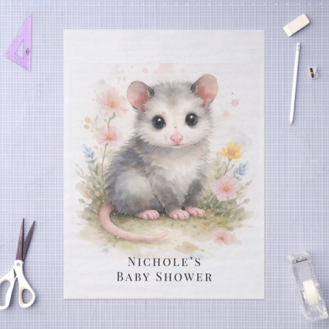 Papier Mousseline Watercolor Baby Possum Baby Shower  (Artisanat)
