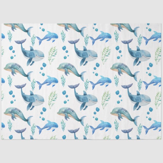 Papier Mousseline Watercolor Blue Whale Motif sans couture (Recto)
