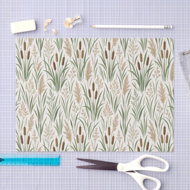 Papier Mousseline Watercolor Cattail Reeds Botanical Pattern (Artisanat)
