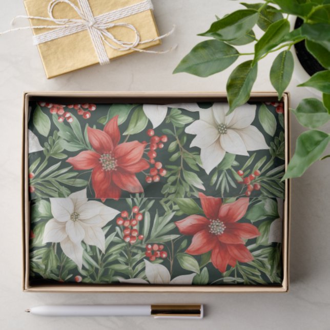 Papier Mousseline Watercolor Christmas Poinsettias and Berries (Cadeau)