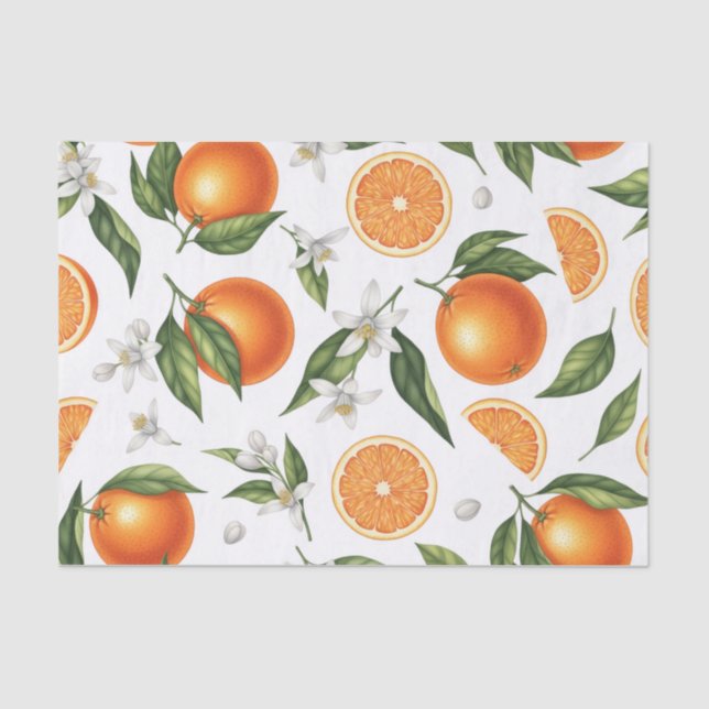 Papier Mousseline Watercolor Citrus Orange Botanical Pattern Tissue  (Recto)