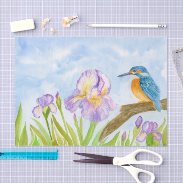 Papier Mousseline Watercolor Kingfisher with Purple Irises  (Artisanat)