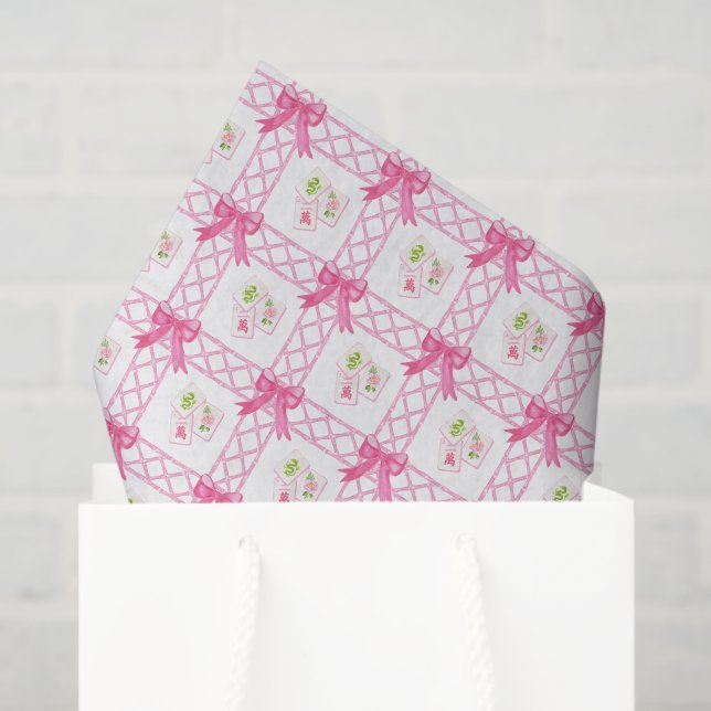 Papier Mousseline Watercolor Pink & Green Bow Mahjong (Sac cadeau)