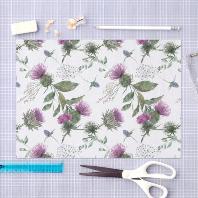 Papier Mousseline Watercolor Purple Thistle Botanical Pattern (Artisanat)