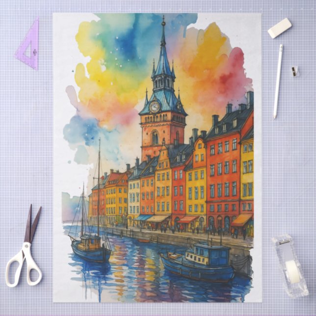 Papier Mousseline Watercolor Stockholm Sweden Old Town Gamla Stan  (Artisanat)