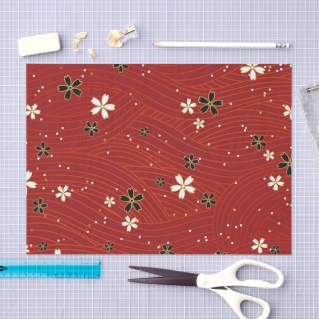 Papier Mousseline Wavy lines, adorned with black & white flowers (Artisanat)