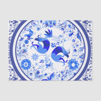 Papier Mousseline Weimaraners, Lapins et Oiseaux Otomi Bleu & Blanc