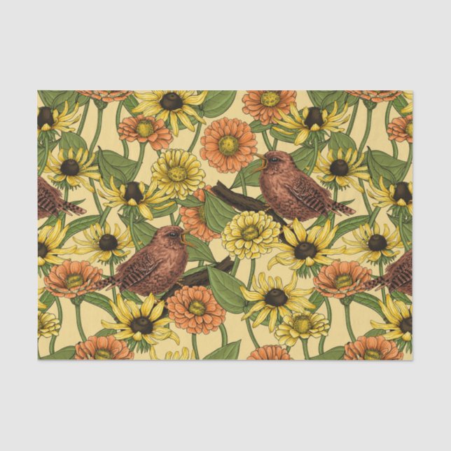 Papier Mousseline Wens et fleurs sur jaune pâle (Recto)