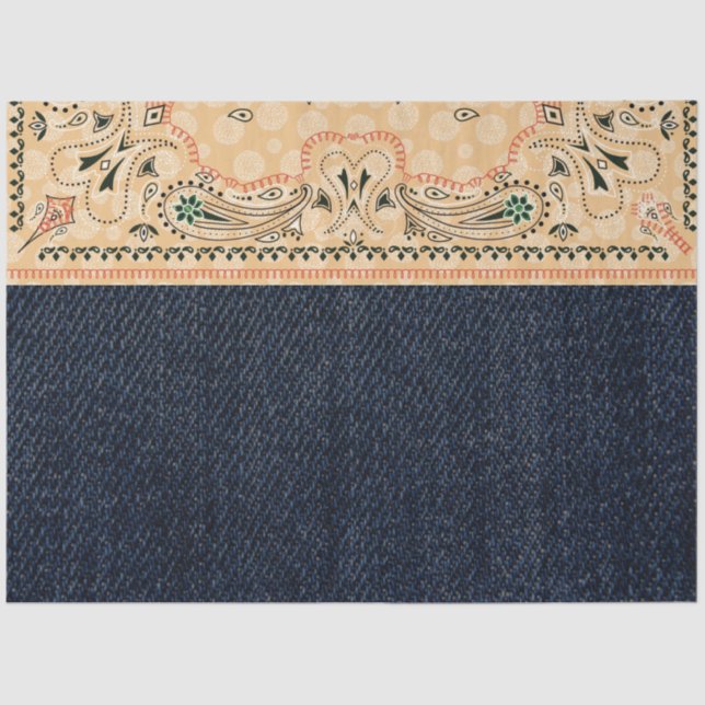 Papier Mousseline Western Paisley Gold Bandana Imprimer Denim Découp (Recto)