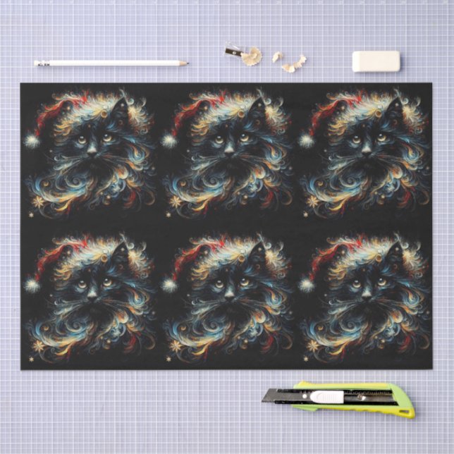 Papier Mousseline Whimsical Black Cat Santa Christmas Hat Decoupage (Artisanat)