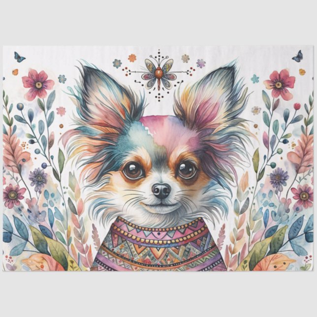 Papier Mousseline Whimsical Chihuahua in Boho Floral Watercolor (Recto)