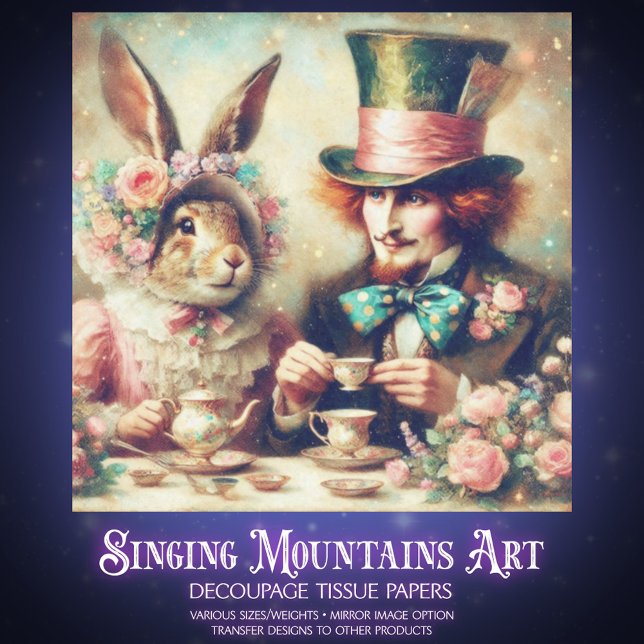 Papier Mousseline Whimsical Fantasy Mad Hatter Rabbit Tea Decoupage (Créateur téléchargé)