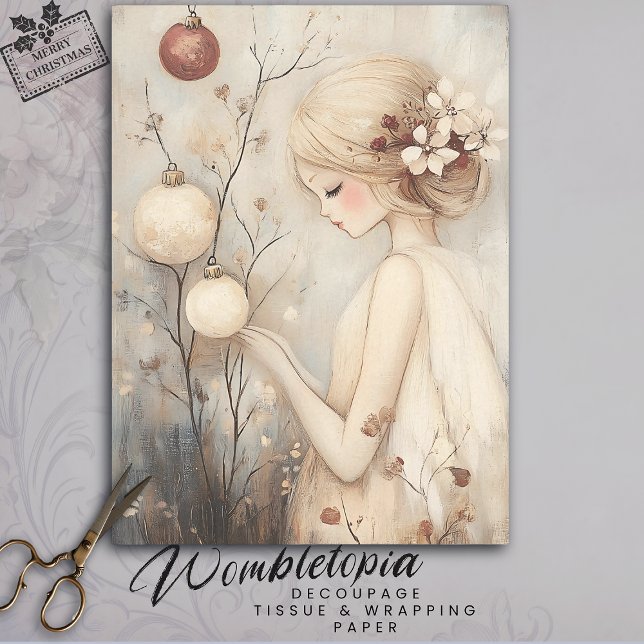 Papier Mousseline Whimsical Girl with Christmas Ornaments Decoupage (Créateur téléchargé)