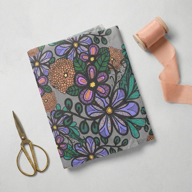 Papier Mousseline Whimsical Purple Peach Floral Doodle Art Pattern (Créateur téléchargé)