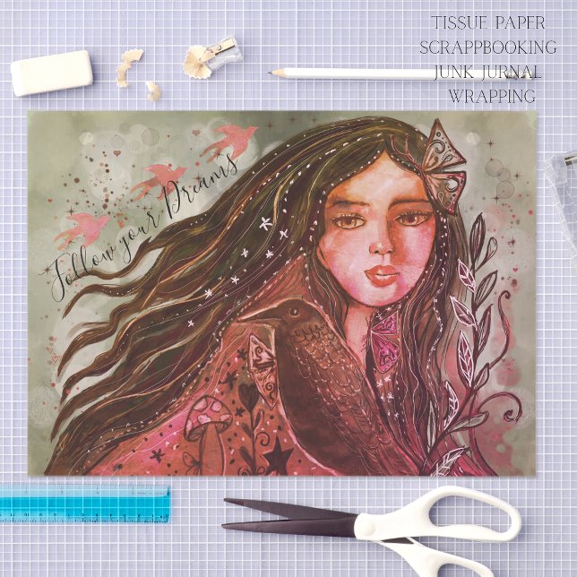 Papier Mousseline Whimsical Raven Girl Follow Your Dream Mixed Media (Whimsical Raven Girl Follow Your Dream Mixed Media Tissue Paper)