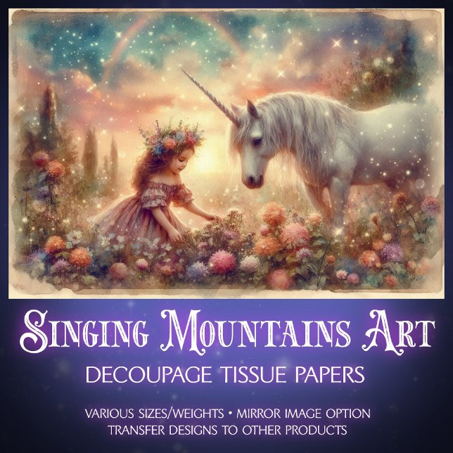 Papier Mousseline Whimsical Unicorn And Girl Fantasy Art Decoupage (Créateur téléchargé)