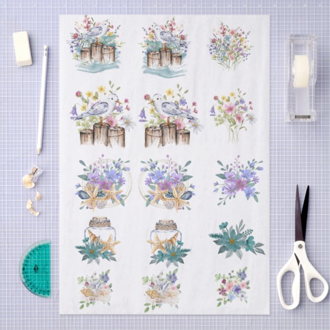 Papier Mousseline Whimsical Watercolor Beachy Florals & Shells  (Artisanat)