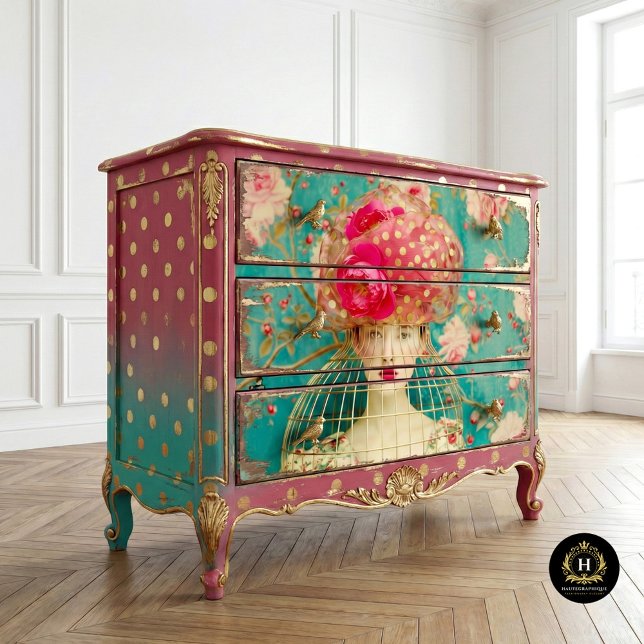 Papier Mousseline Whimssical Pink Gold Polka Dot Floral Birdcage Cas (Créateur téléchargé)