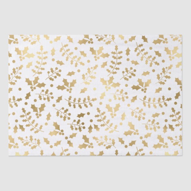 Papier Mousseline White and Gold Foil Christmas Holly (Recto)