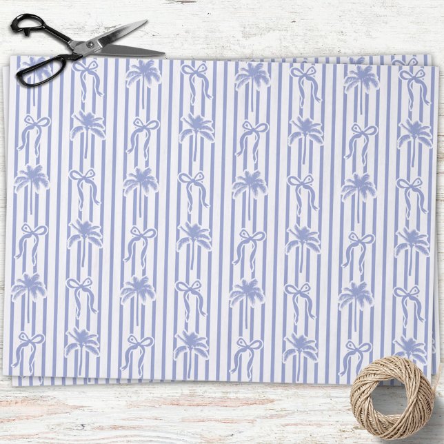 Papier Mousseline White Blue Coastal Palm Trees Bows Stripes Pattern (In situ)