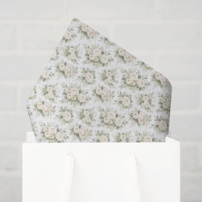 Papier Mousseline White Cream Watercolor Florals Wedding Bridal  (Sac cadeau)