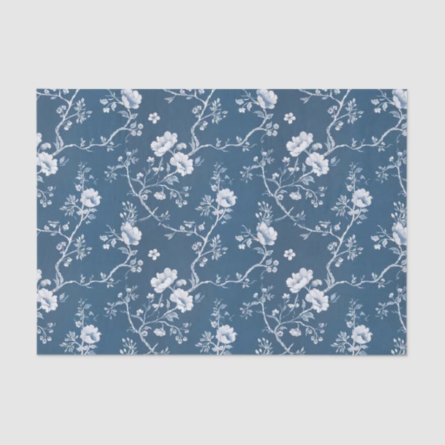 Papier Mousseline White Flower Pattern on Blue Background (Recto)