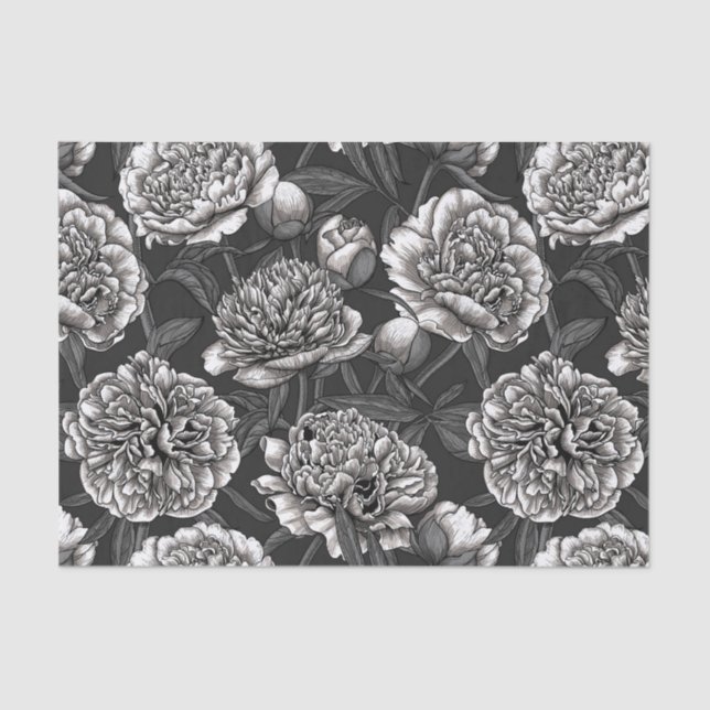 Papier Mousseline White peony flowers on dark gray (Recto)