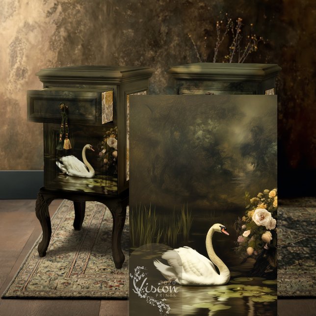 Papier Mousseline White Swan Dark Romantic Lake Floral Scene (Baroque Swan Lake print displayed on dark ornate vintage cabinet antique room)