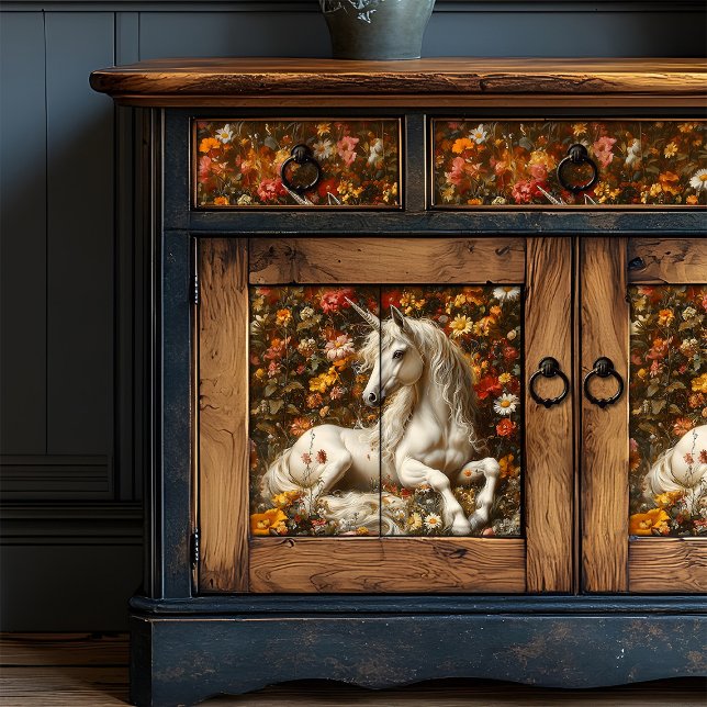 Papier Mousseline White Unicorn Floral Meadow Imaginaire Art Fairyta (Créateur téléchargé)