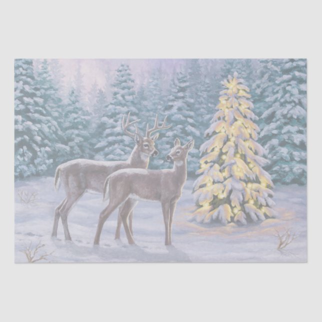Papier Mousseline Whitetail Deer & Christmas Tree Scene hivernale (Recto)