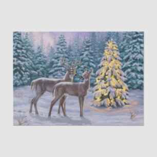 Papier Mousseline Whitetail Deer & Christmas Tree Scene hivernale