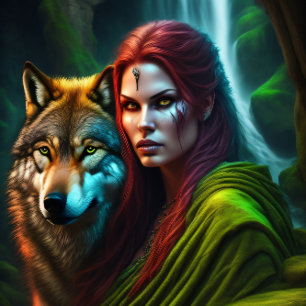 Papier Mousseline Wild Amazonian Woman and her Wolf