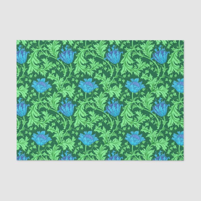 Papier Mousseline William Morris Anemone, Emerald Green et Blue (Recto)