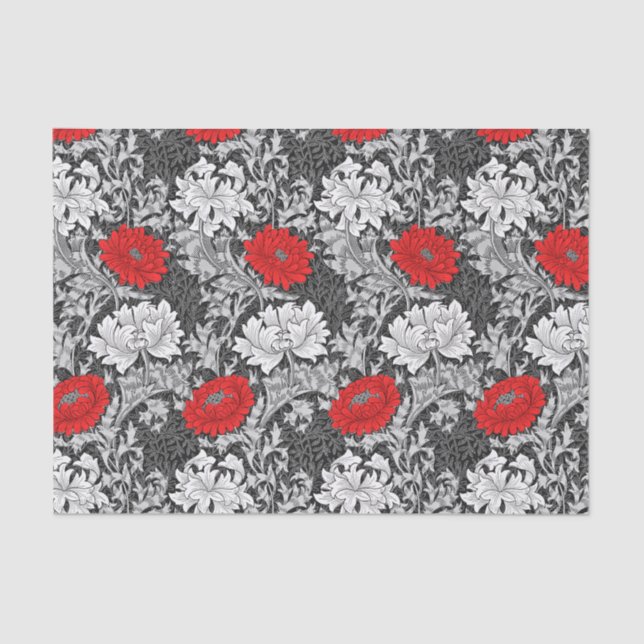 Papier Mousseline William Morris Chrysanthemums, gris et rouge (Recto)